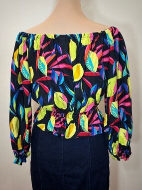 Like New Tabitha Brown Target Off-Shoulder Linen Blend Top, Lemon Print, size XS